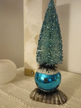 Vintage Blue Silver Glitter Bottle Brush Holiday Tree Decoration NWOT